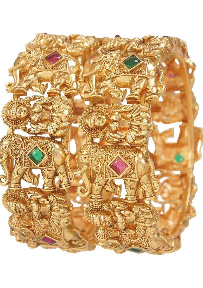 Set of 2 Gold-Plated AD Studded Temple Kada Bangles for Women | Traditional Temple Jewellery for Wedding & Festive Wear | Gift for Her - Indya