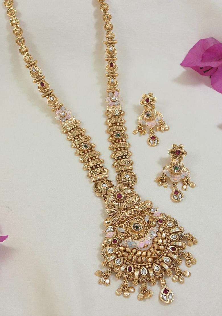 Gold-Plated Stone-Studded & Beaded Jewellery Set for Women | Traditional Temple Jewellery for Wedding & Festive Wear | Gift for Her - Indya