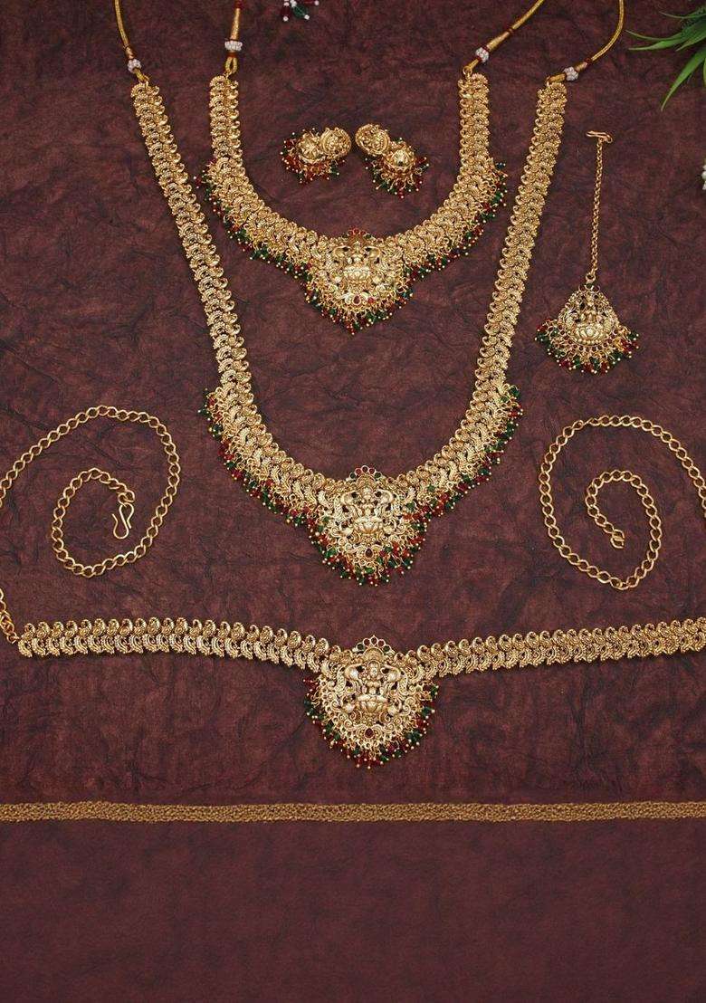 Gold-Plated Artificial Stones Studded & Beaded Temple Jewellery Set for Women | Traditional Temple Jewellery for Wedding & Festive Wear | Gift for Her - Indya