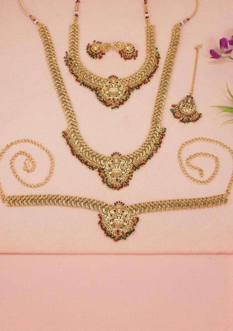 Gold-Plated Artificial Stones Studded & Beaded Temple Jewellery Set for Women | Traditional Temple Jewellery for Wedding & Festive Wear | Gift for Her - Indya