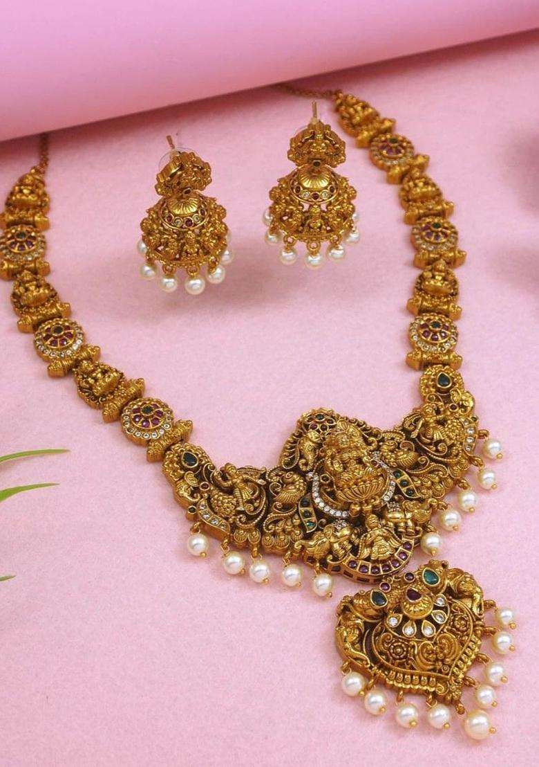 Brass Gold-Plated Temple Necklace for Women | Traditional Temple Jewellery for Wedding & Festive Wear | Gift for Her - Indya