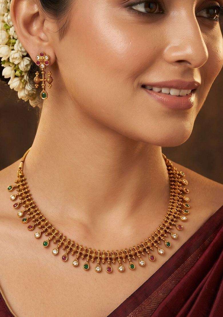 Brass Gold-Plated Temple Necklace for Women | Traditional Temple Jewellery for Wedding & Festive Wear | Gift for Her - Indya