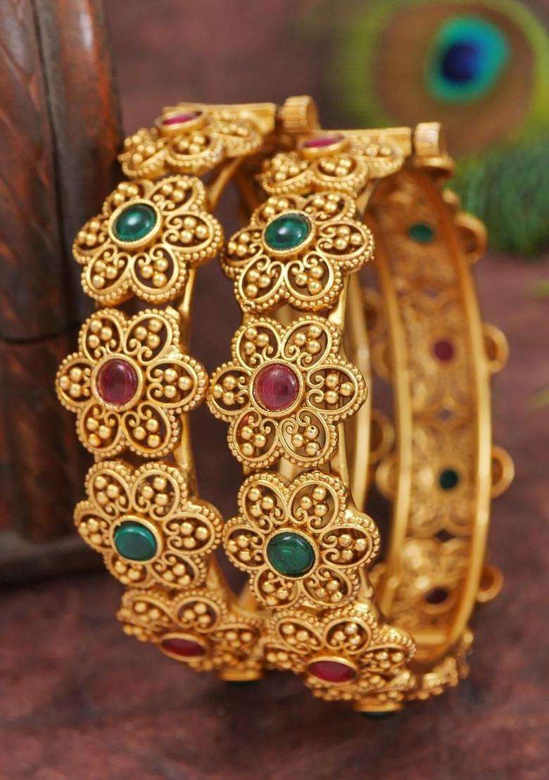 Set of 2 Gold-Plated Temple Stone Studded & Beaded Bangles for Women | Traditional Temple Jewellery for Wedding & Festive Wear | Gift for Her - Indya