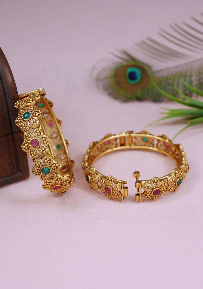 Set of 2 Gold-Plated Temple Stone Studded & Beaded Bangles for Women | Traditional Temple Jewellery for Wedding & Festive Wear | Gift for Her - Indya