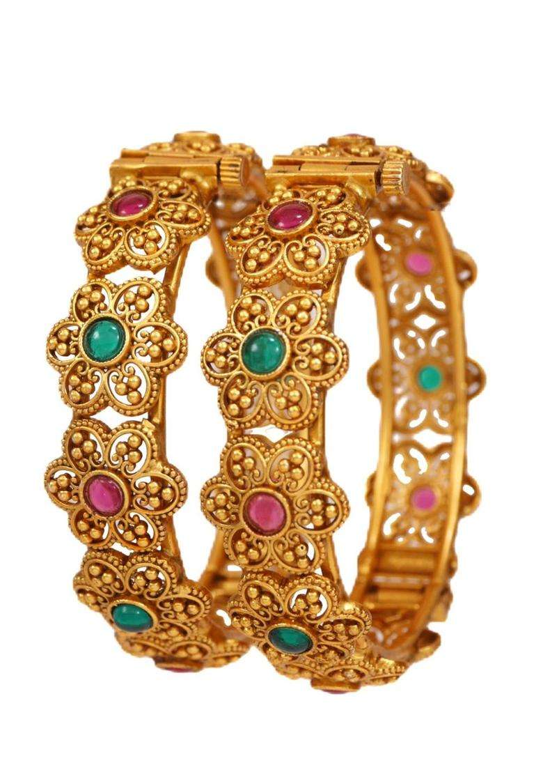 Set of 2 Gold-Plated Temple Stone Studded & Beaded Bangles for Women | Traditional Temple Jewellery for Wedding & Festive Wear | Gift for Her - Indya
