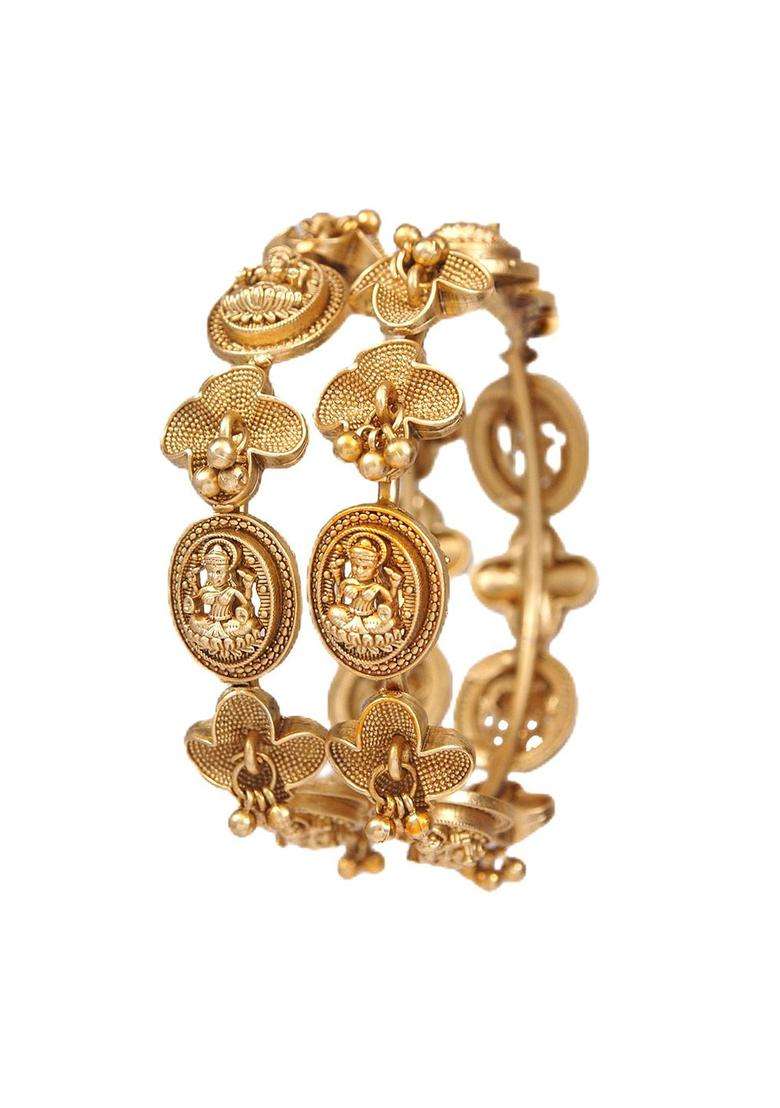 Set of 2 Gold-Plated Temple Stone Studded & Beaded Bangles for Women | Traditional Temple Jewellery for Wedding & Festive Wear | Gift for Her - Indya