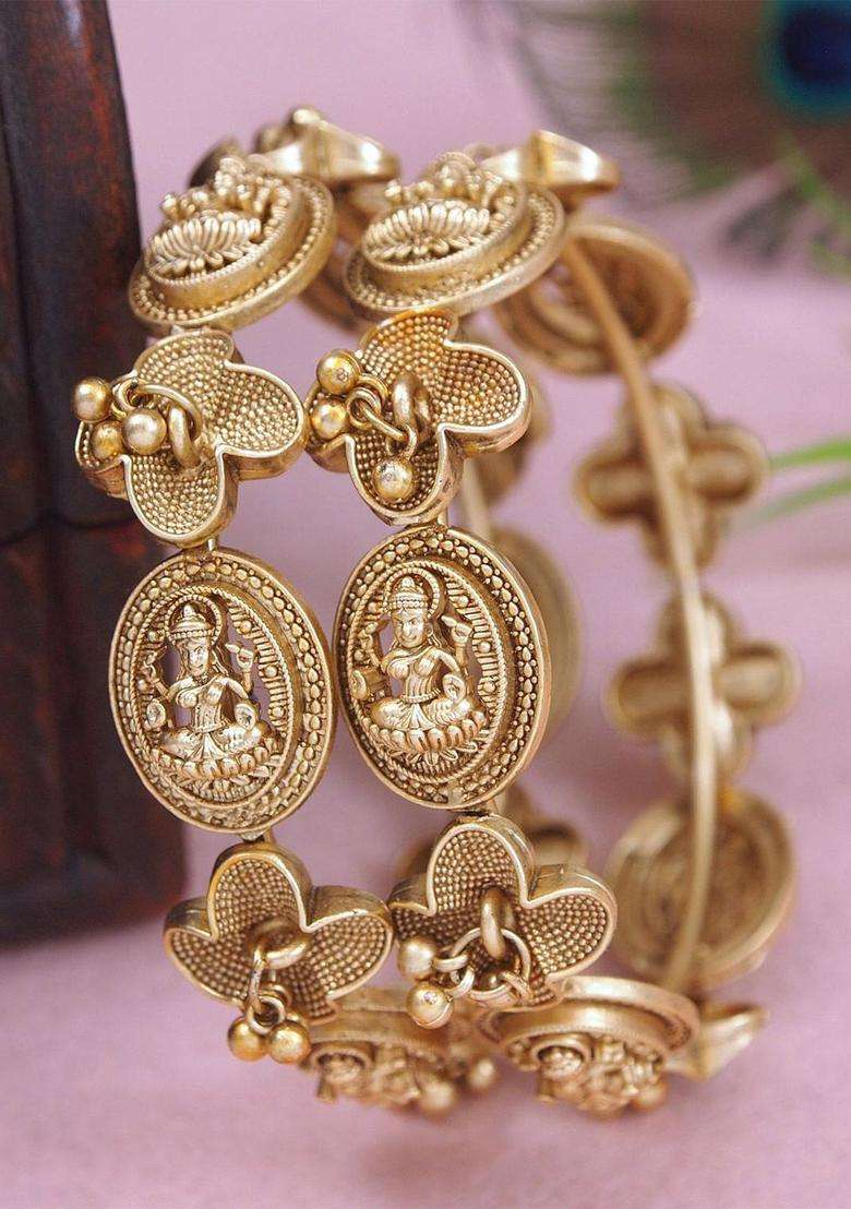 Set of 2 Gold-Plated Temple Stone Studded & Beaded Bangles for Women | Traditional Temple Jewellery for Wedding & Festive Wear | Gift for Her - Indya