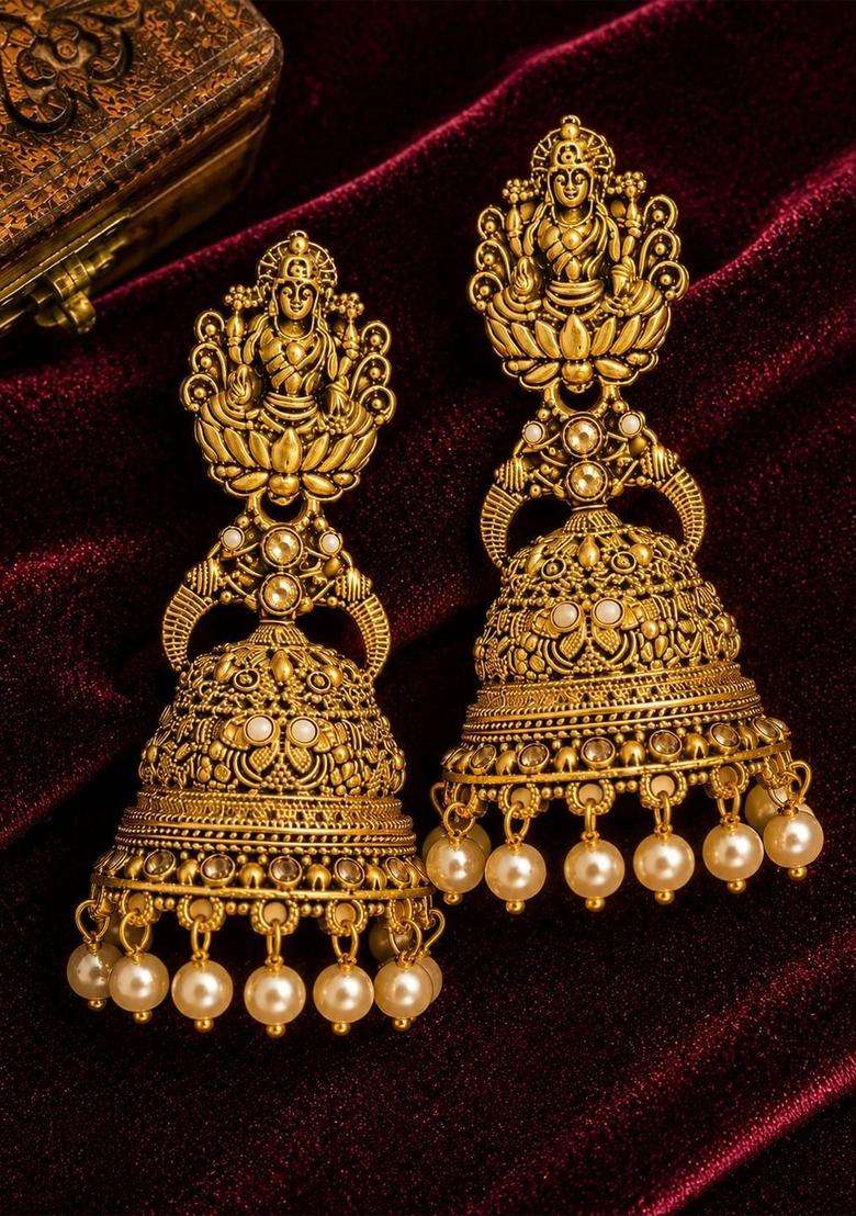 Gold-Plated Brass Artificial Beads Temple Jhumkas Earrings for Women | Traditional Temple Jewellery for Wedding & Festive Wear | Gift for Her - Indya