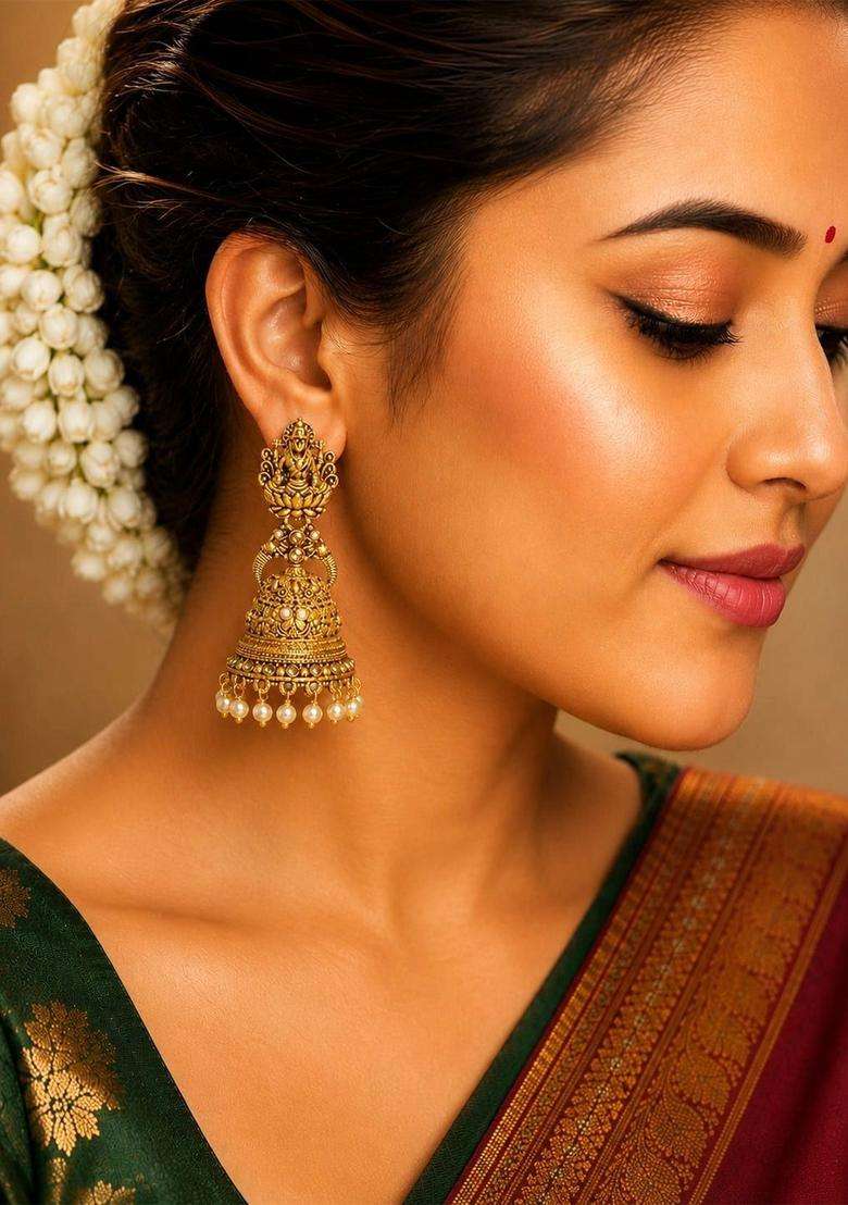 Gold-Plated Brass Artificial Beads Temple Jhumkas Earrings for Women | Traditional Temple Jewellery for Wedding & Festive Wear | Gift for Her - Indya