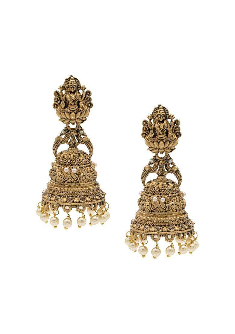 Gold-Plated Brass Artificial Beads Temple Jhumkas Earrings for Women | Traditional Temple Jewellery for Wedding & Festive Wear | Gift for Her - Indya