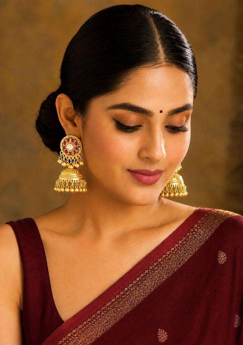 Gold-Plated Circular Jhumkas Earrings for Women | Traditional Temple Jewellery for Wedding & Festive Wear | Gift for Her - Indya