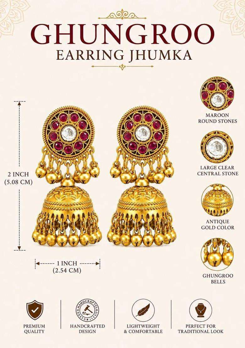Gold-Plated Circular Jhumkas Earrings for Women | Traditional Temple Jewellery for Wedding & Festive Wear | Gift for Her - Indya
