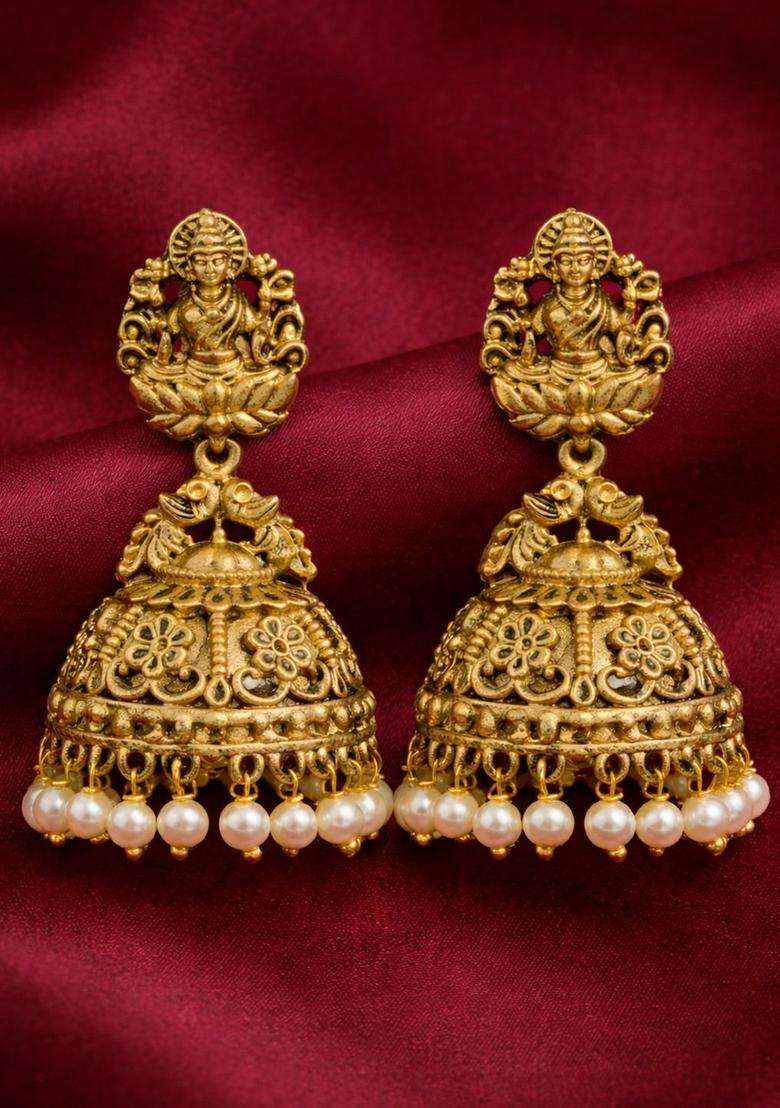 Gold-Plated Beaded Dome Shaped Temple Jhumkas for Women | Traditional Temple Jewellery for Wedding & Festive Wear | Gift for Her - Indya