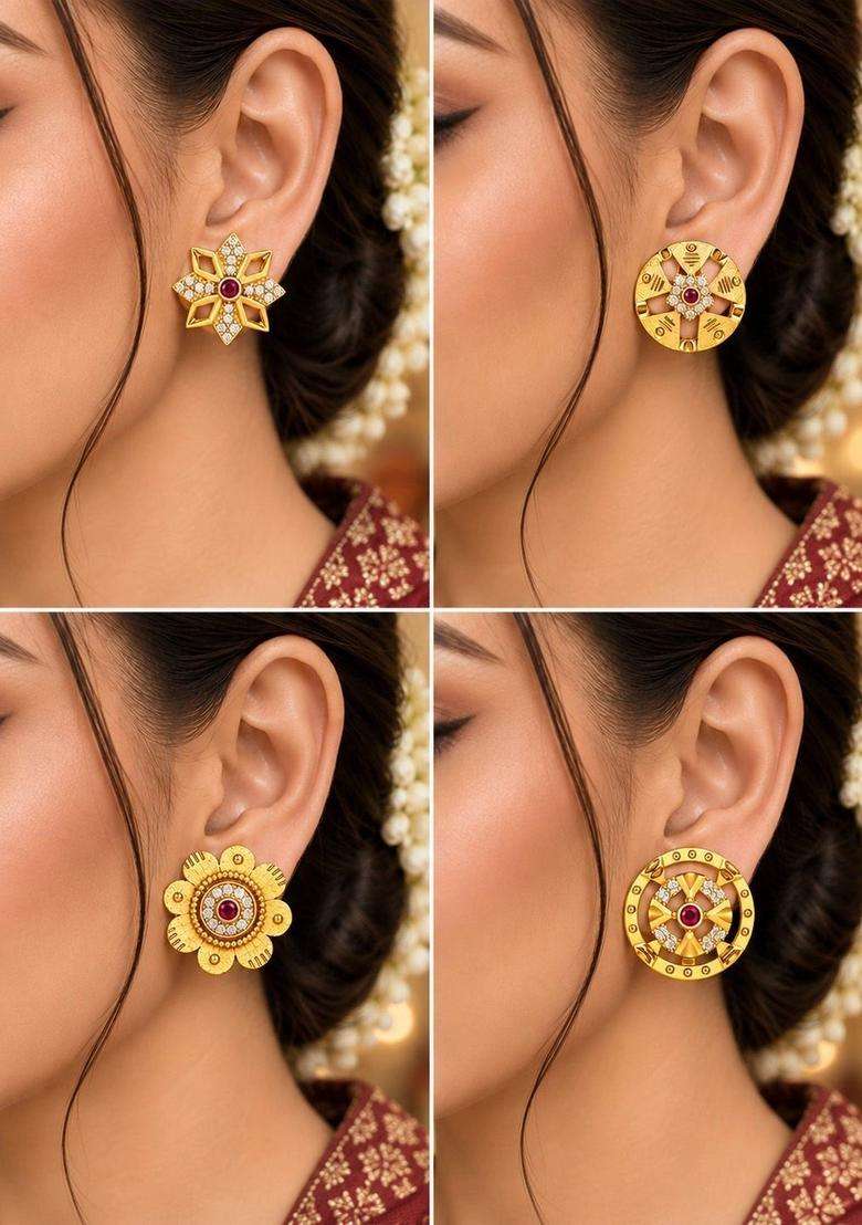 Gold-Plated Floral Studs Earrings for Women | Traditional Temple Jewellery for Wedding & Festive Wear | Gift for Her - Indya