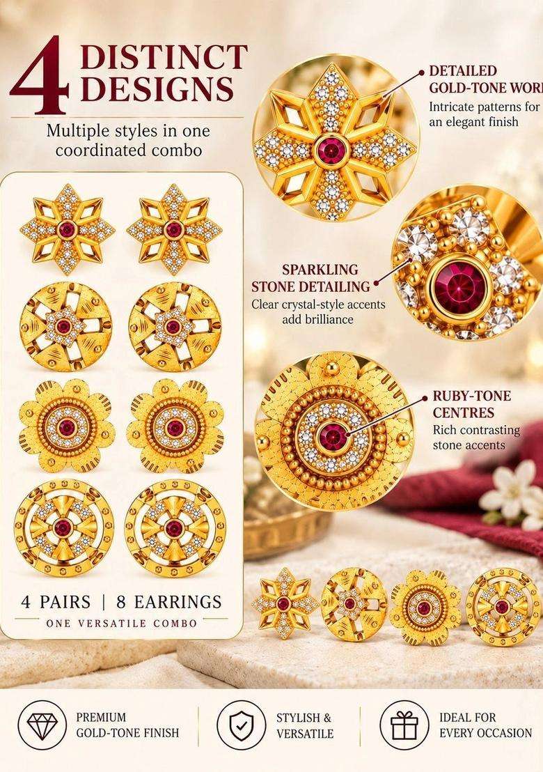 Gold-Plated Floral Studs Earrings for Women | Traditional Temple Jewellery for Wedding & Festive Wear | Gift for Her - Indya