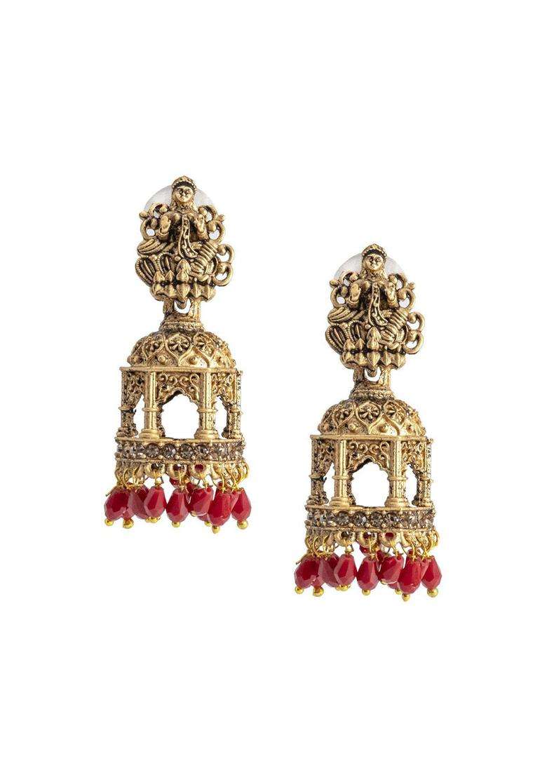 Matte Gold-Plated Beaded Oxidised Dome Shaped Jhumkas for Women | Traditional Temple Jewellery for Wedding & Festive Wear | Gift for Her - Indya
