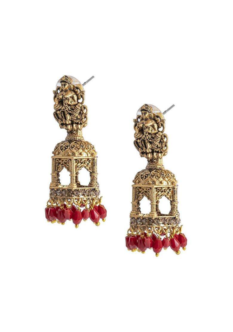 Matte Gold-Plated Beaded Oxidised Dome Shaped Jhumkas for Women | Traditional Temple Jewellery for Wedding & Festive Wear | Gift for Her - Indya