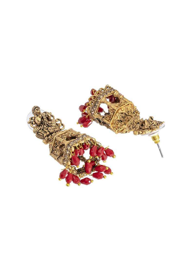 Matte Gold-Plated Beaded Oxidised Dome Shaped Jhumkas for Women | Traditional Temple Jewellery for Wedding & Festive Wear | Gift for Her - Indya