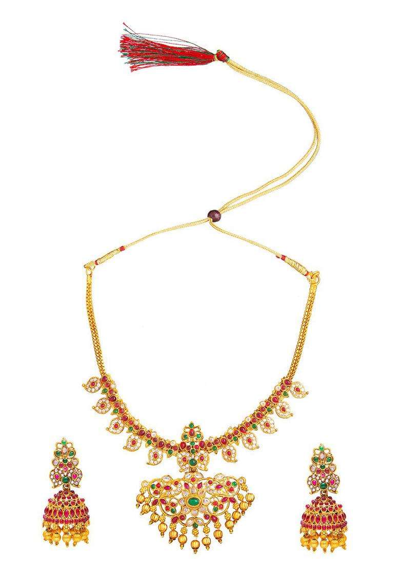 Pink & Green Gold-Plated Temple Long Bridal Necklace Set for Women | Traditional Temple Jewellery for Wedding & Festive Wear | Gift for Her - Indya