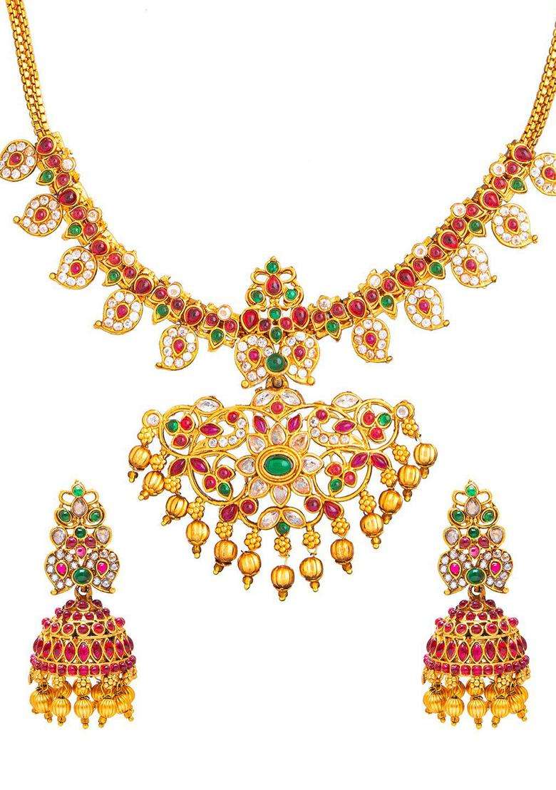 Pink & Green Gold-Plated Temple Long Bridal Necklace Set for Women | Traditional Temple Jewellery for Wedding & Festive Wear | Gift for Her - Indya