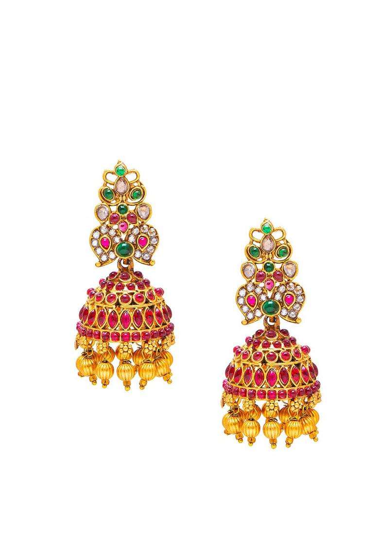 Pink & Green Gold-Plated Temple Long Bridal Necklace Set for Women | Traditional Temple Jewellery for Wedding & Festive Wear | Gift for Her - Indya