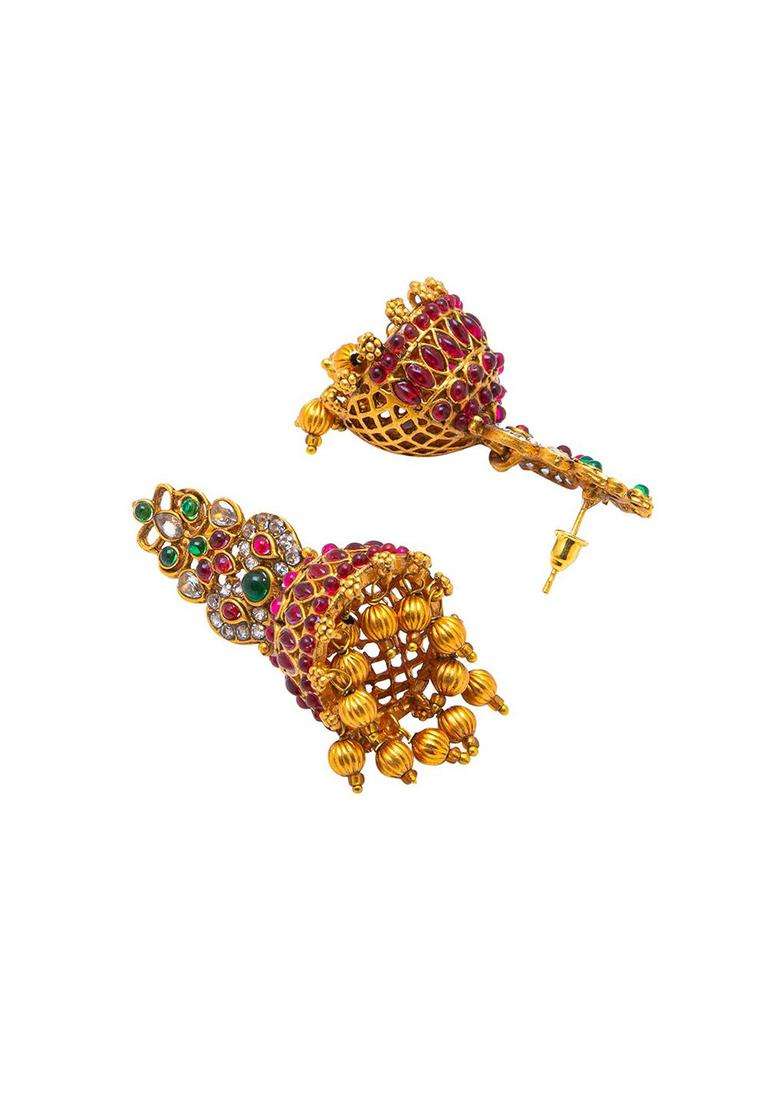 Pink & Green Gold-Plated Temple Long Bridal Necklace Set for Women | Traditional Temple Jewellery for Wedding & Festive Wear | Gift for Her - Indya
