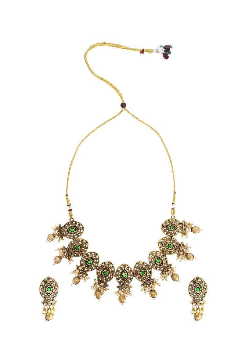 Gold-Plated Cubic Zirconia Antique Jewellery Set for Women | Traditional Temple Jewellery for Wedding & Festive Wear | Gift for Her - Indya