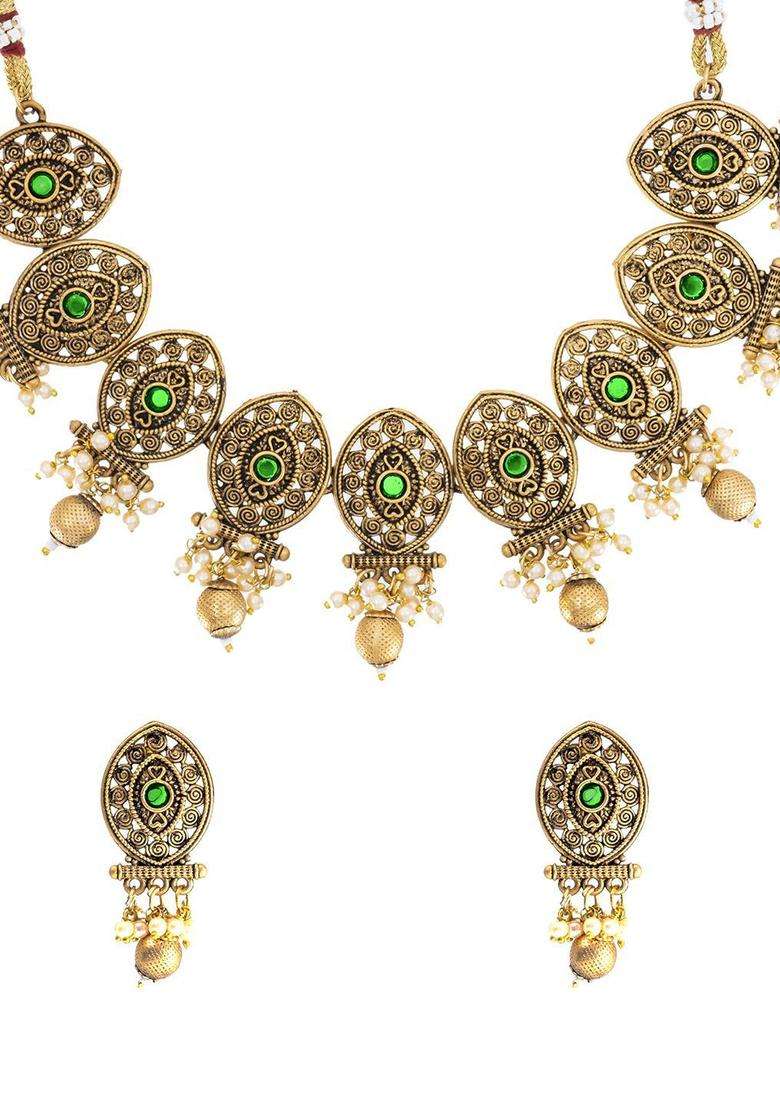 Gold-Plated Cubic Zirconia Antique Jewellery Set for Women | Traditional Temple Jewellery for Wedding & Festive Wear | Gift for Her - Indya