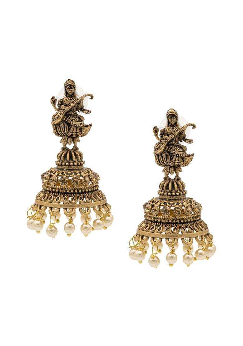 Gold-Plated Artificial Beads Temple Jhumkas Earrings for Women | Traditional Temple Jewellery for Wedding & Festive Wear | Gift for Her - Indya