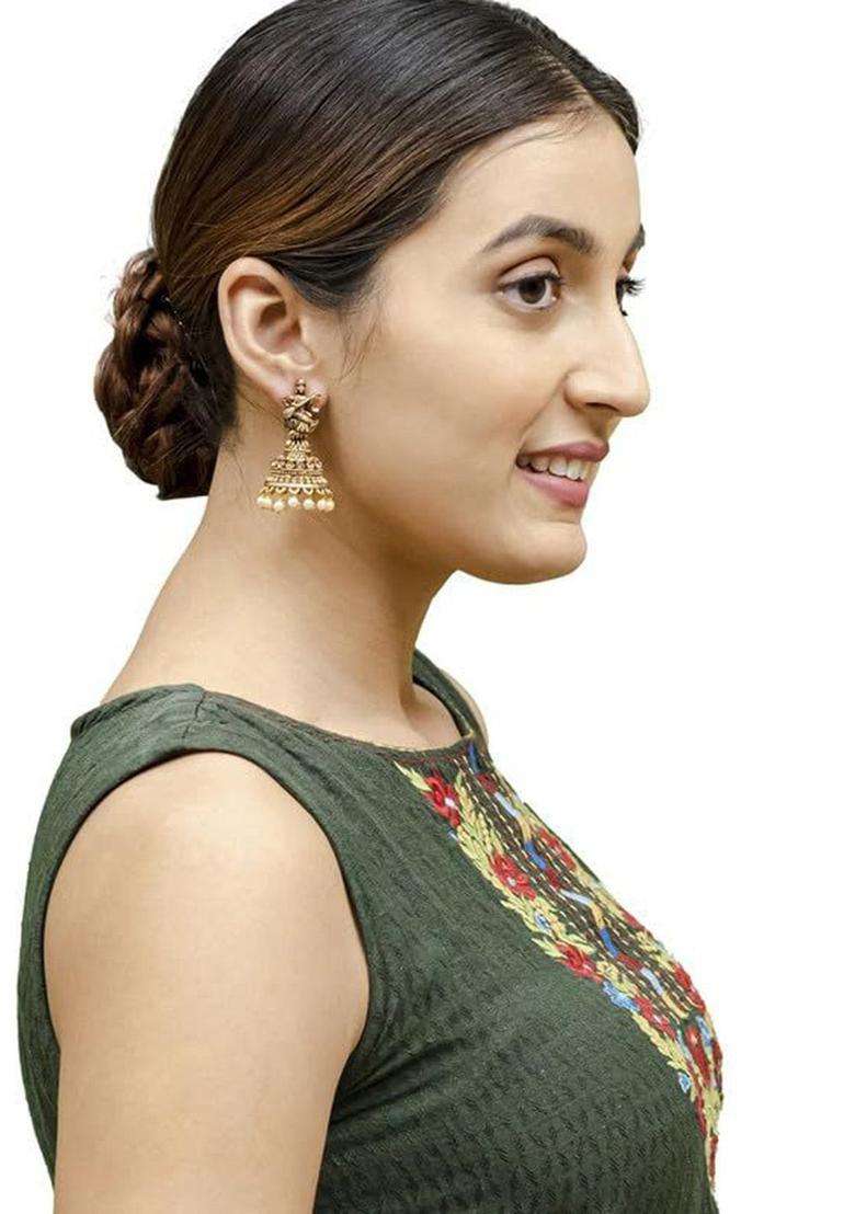 Gold-Plated Artificial Beads Temple Jhumkas Earrings for Women | Traditional Temple Jewellery for Wedding & Festive Wear | Gift for Her - Indya