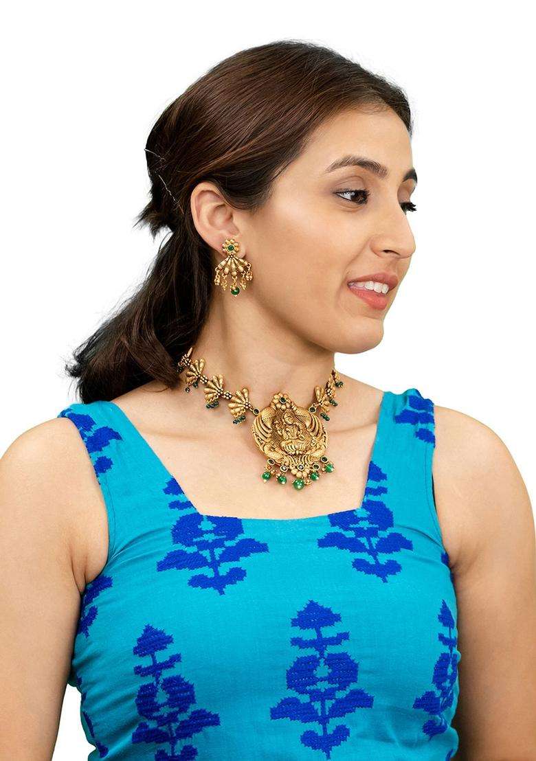 Gold-Plated Kundan & Cubic Zircon-Studded Laxmi Jewellery Set for Women | Traditional Temple Jewellery for Wedding & Festive Wear | Gift for Her - Indya