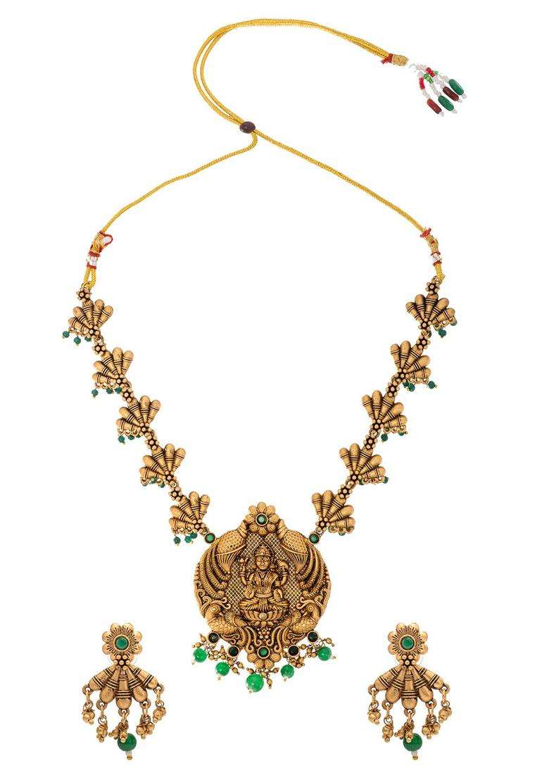 Gold-Plated Kundan & Cubic Zircon-Studded Laxmi Jewellery Set for Women | Traditional Temple Jewellery for Wedding & Festive Wear | Gift for Her - Indya