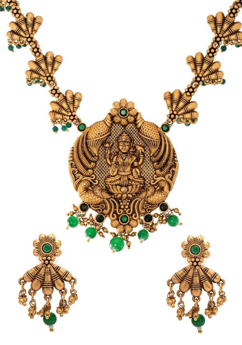 Gold-Plated Kundan & Cubic Zircon-Studded Laxmi Jewellery Set for Women | Traditional Temple Jewellery for Wedding & Festive Wear | Gift for Her - Indya
