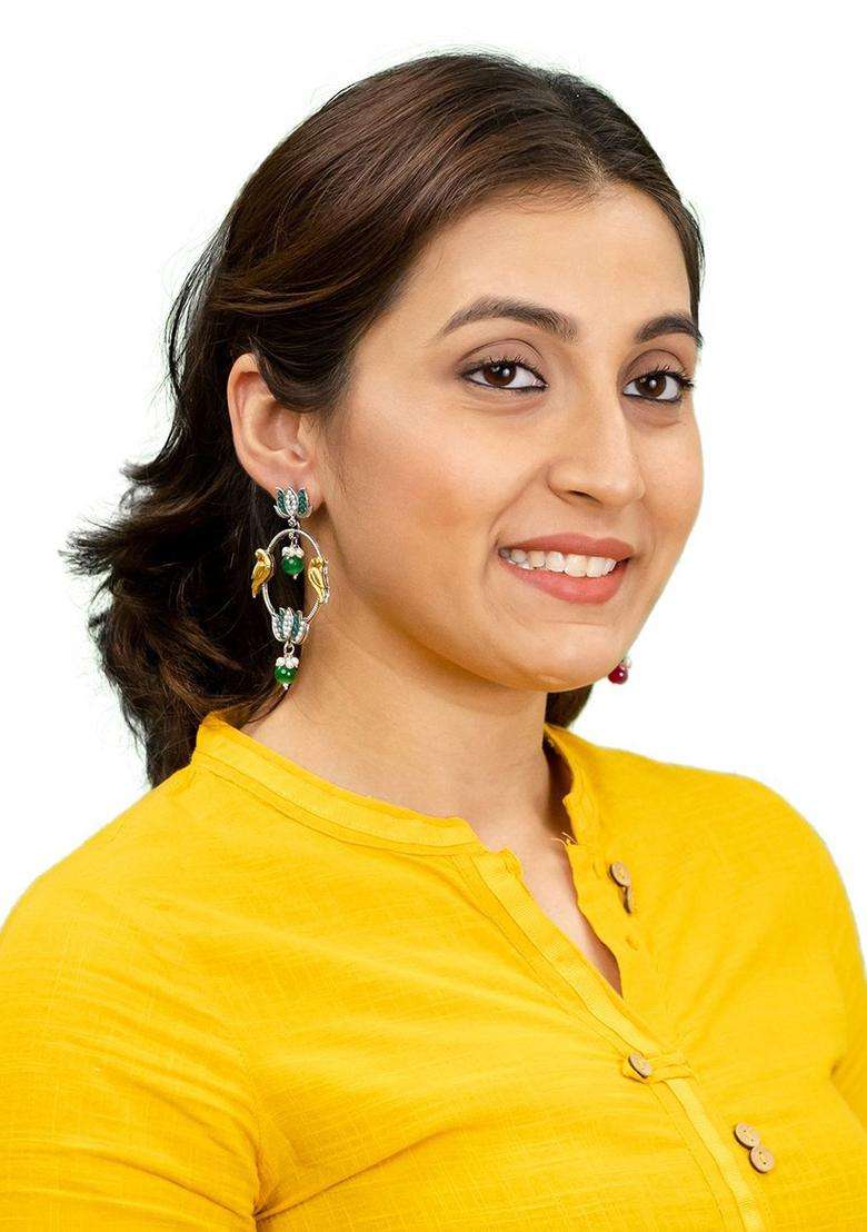 Silver-Plated Cubic Zirconia Studded Oxidised Drop Earrings for Women | Traditional Temple Jewellery for Wedding & Festive Wear | Gift for Her - Indya