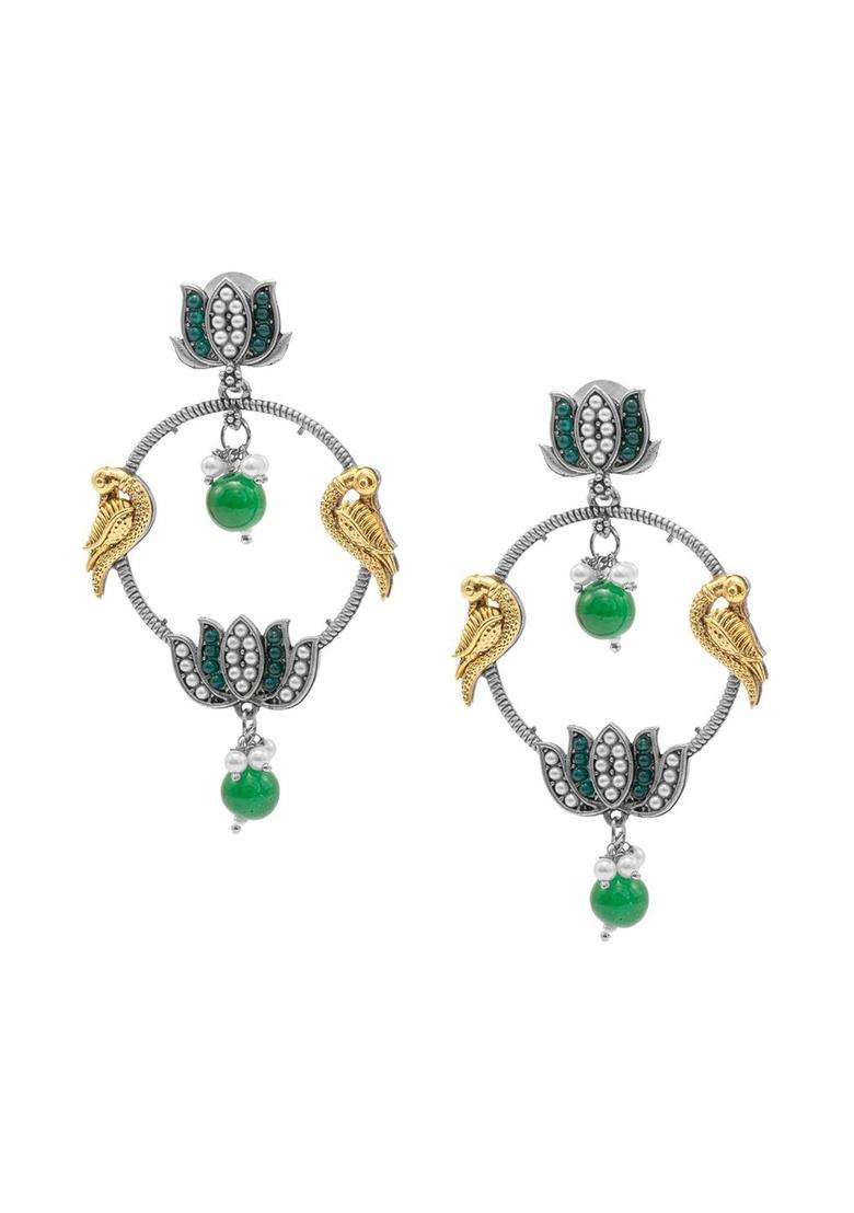 Silver-Plated Cubic Zirconia Studded Oxidised Drop Earrings for Women | Traditional Temple Jewellery for Wedding & Festive Wear | Gift for Her - Indya