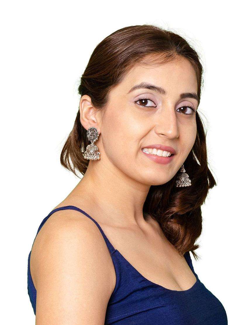 Silver-Plated Cubic Zirconia Contemporary Jhumkas Earrings for Women | Traditional Temple Jewellery for Wedding & Festive Wear | Gift for Her - Indya