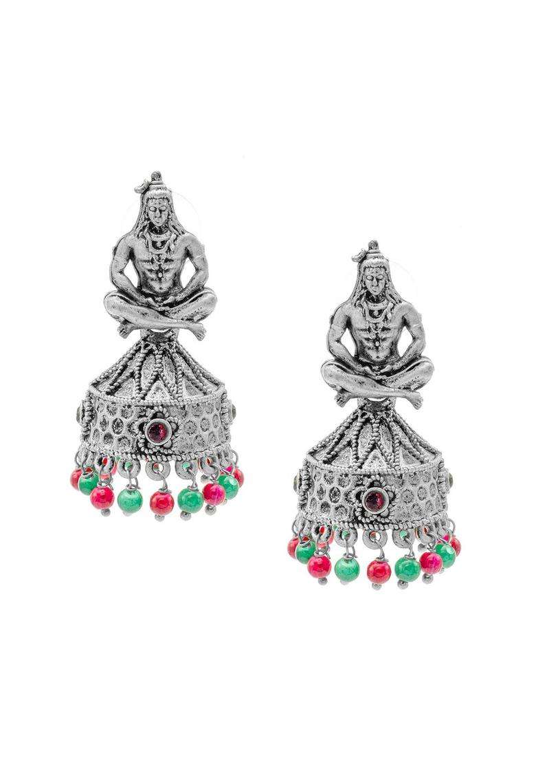 Silver-Plated Cubic Zirconia Temple Jhumka Earrings for Women | Traditional Temple Jewellery for Wedding & Festive Wear | Gift for Her - Indya