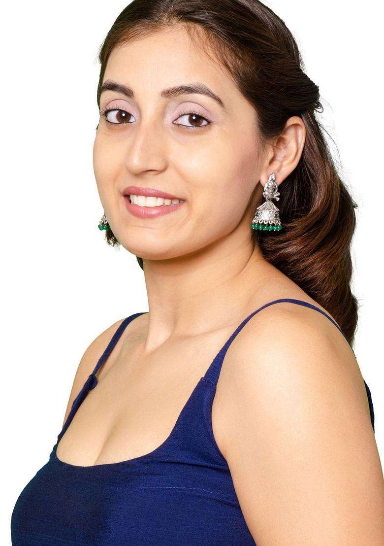 Silver-Plated Cubic Zirconia Temple Jhumkas Earrings for Women | Traditional Temple Jewellery for Wedding & Festive Wear | Gift for Her - Indya