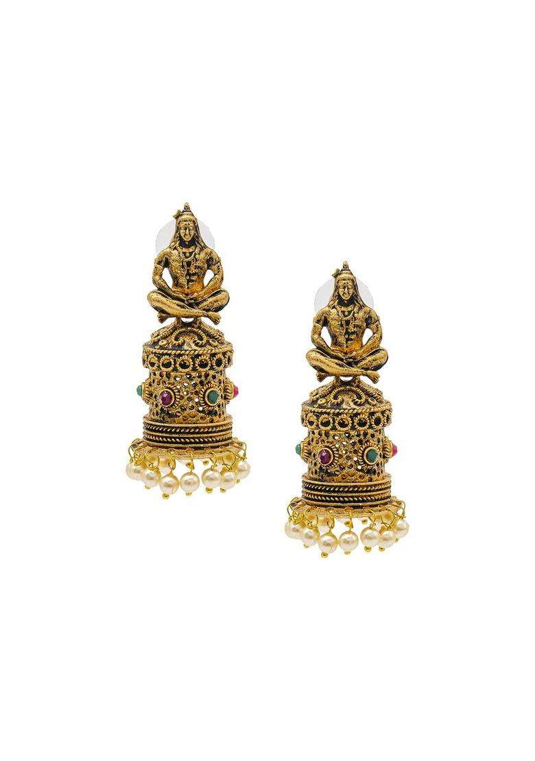 Silver-Plated Matte Gold-Plated Crystal & Beaded Dome Shaped Jhumkas for Women | Traditional Temple Jewellery for Wedding & Festive Wear | Gift for Her - Indya