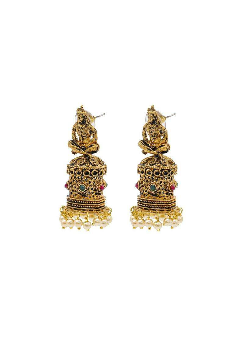 Silver-Plated Matte Gold-Plated Crystal & Beaded Dome Shaped Jhumkas for Women | Traditional Temple Jewellery for Wedding & Festive Wear | Gift for Her - Indya