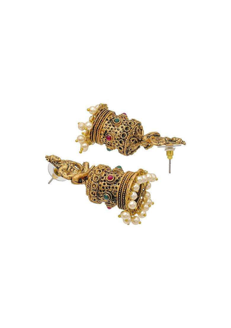 Silver-Plated Matte Gold-Plated Crystal & Beaded Dome Shaped Jhumkas for Women | Traditional Temple Jewellery for Wedding & Festive Wear | Gift for Her - Indya