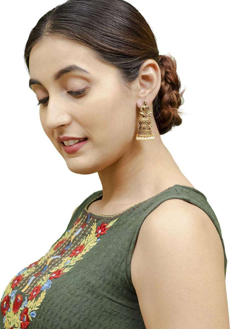 Silver-Plated Matte Gold-Plated Crystal & Beaded Dome Shaped Jhumkas for Women | Traditional Temple Jewellery for Wedding & Festive Wear | Gift for Her - Indya