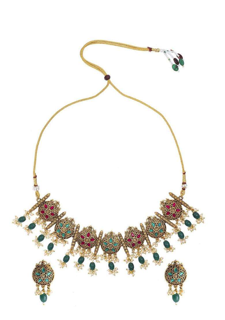Gold-Plated Cubic Zirconia Stones Studded Jewellery Set for Women | Traditional Temple Jewellery for Wedding & Festive Wear | Gift for Her - Indya