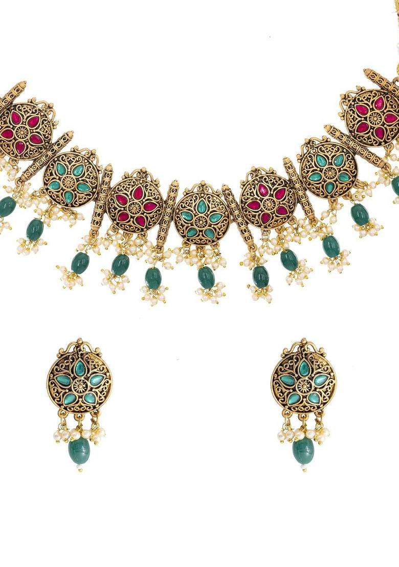 Gold-Plated Cubic Zirconia Stones Studded Jewellery Set for Women | Traditional Temple Jewellery for Wedding & Festive Wear | Gift for Her - Indya
