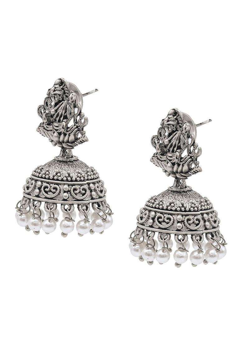 Silver-Plated Beaded Dome Shaped Jhumkas for Women | Traditional Temple Jewellery for Wedding & Festive Wear | Gift for Her - Indya