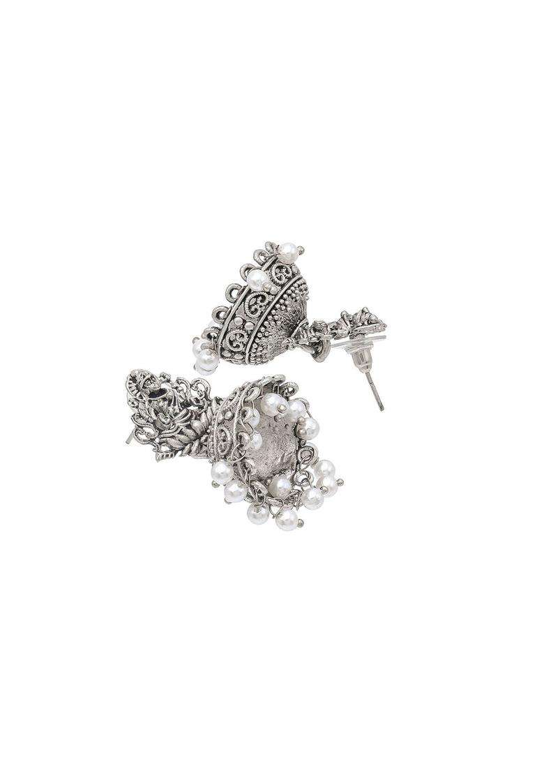 Silver-Plated Beaded Dome Shaped Jhumkas for Women | Traditional Temple Jewellery for Wedding & Festive Wear | Gift for Her - Indya