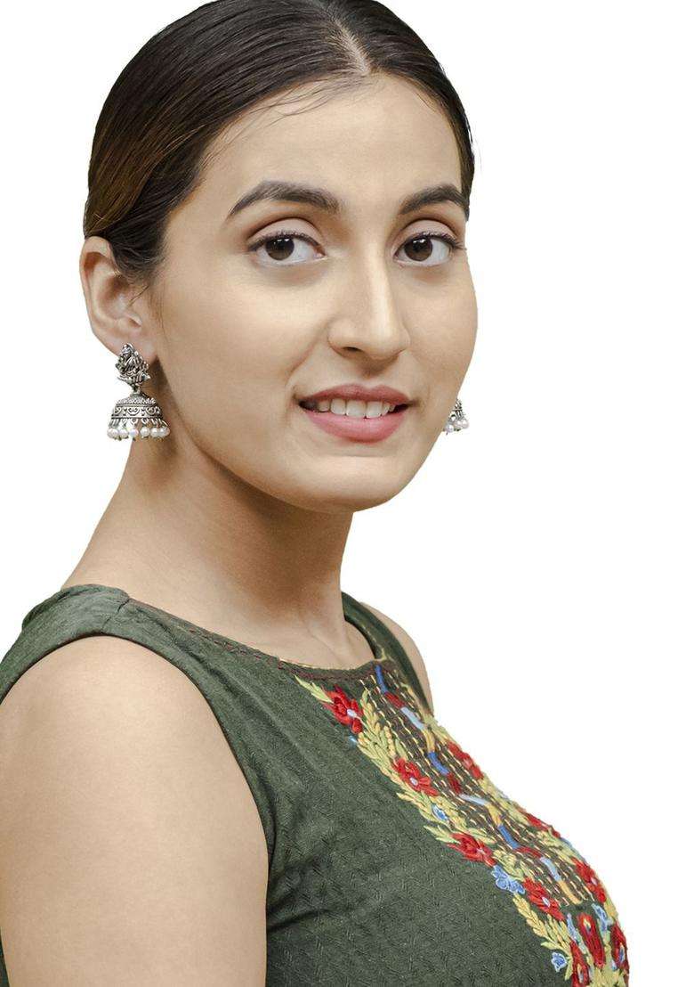 Silver-Plated Beaded Dome Shaped Jhumkas for Women | Traditional Temple Jewellery for Wedding & Festive Wear | Gift for Her - Indya