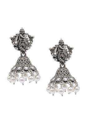 Silver-Plated Cubic Zirconia Studded Dome Shaped Jhumkas for Women | Traditional Temple Jewellery for Wedding & Festive Wear | Gift for Her