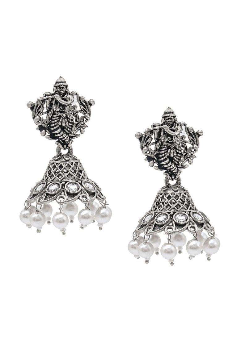 Silver-Plated Cubic Zirconia Studded Dome Shaped Jhumkas for Women | Traditional Temple Jewellery for Wedding & Festive Wear | Gift for Her - Indya