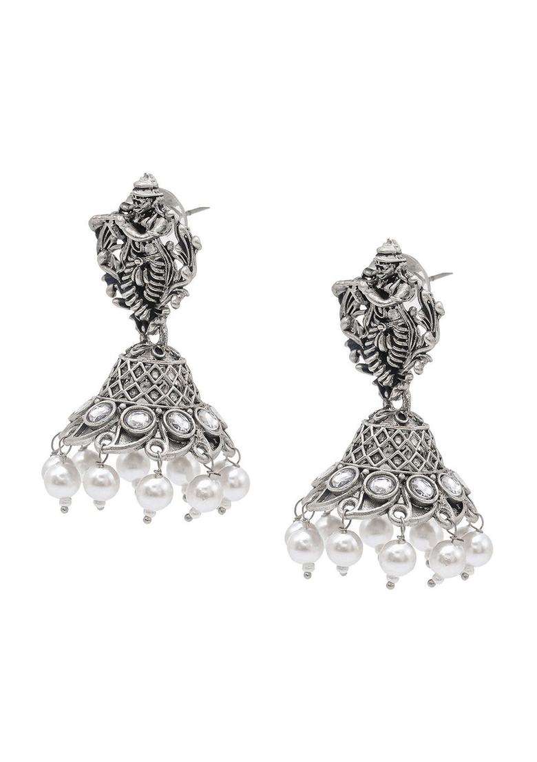 Silver-Plated Cubic Zirconia Studded Dome Shaped Jhumkas for Women | Traditional Temple Jewellery for Wedding & Festive Wear | Gift for Her - Indya